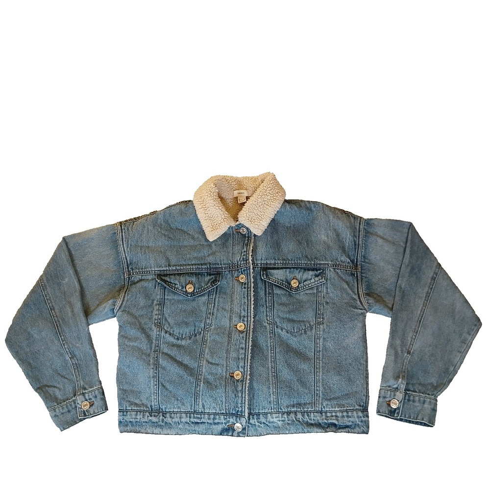 Forever 21 Sherpa Lined Denim Jacket Blue Collared Button Pockets Women's Size L